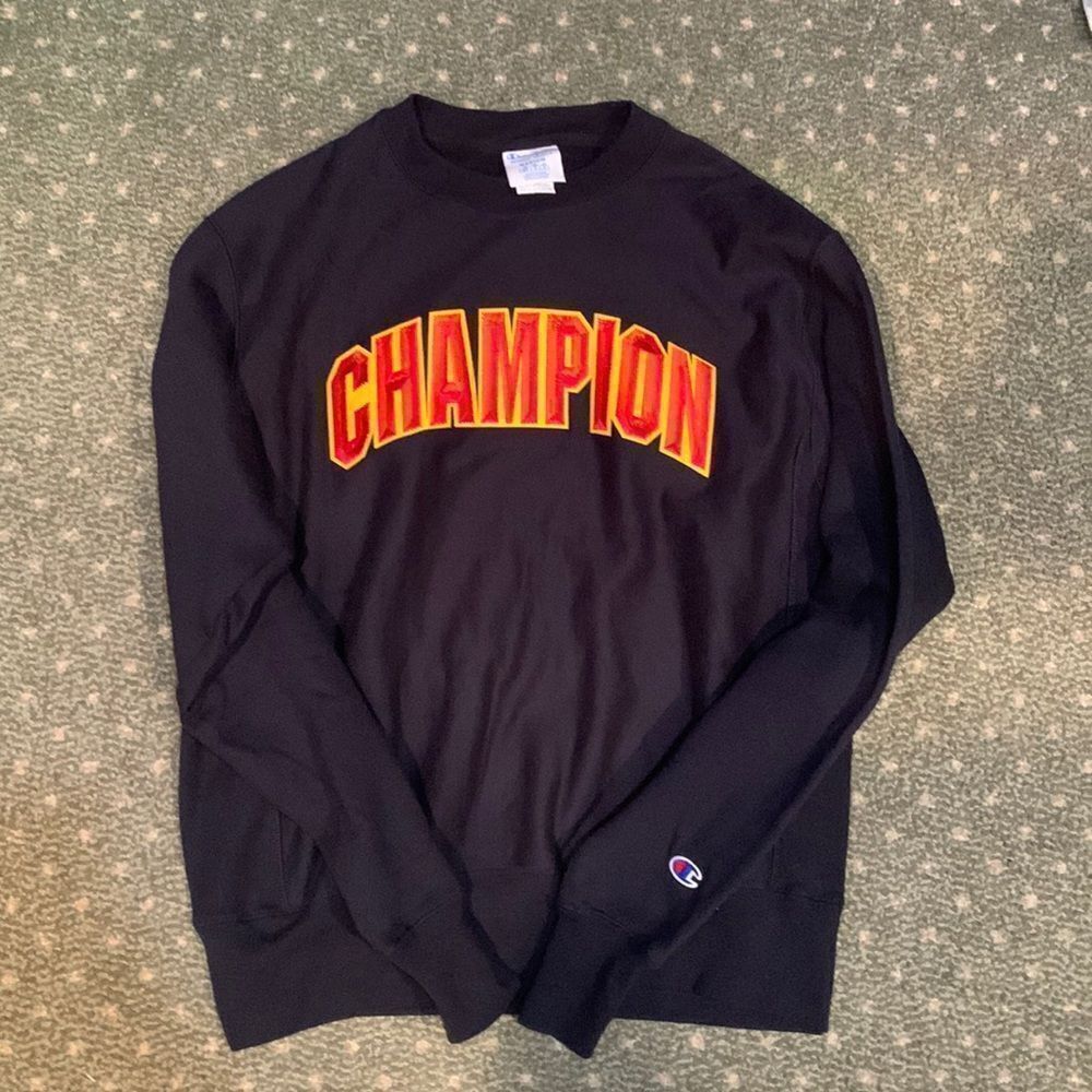 Champion Reverse Weave Sweatshirt Mens Medium Black Chenille Spellout Logo